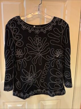 PM Carole Little Black Long-Sleeve Scoop Neck Top with White Embroidery